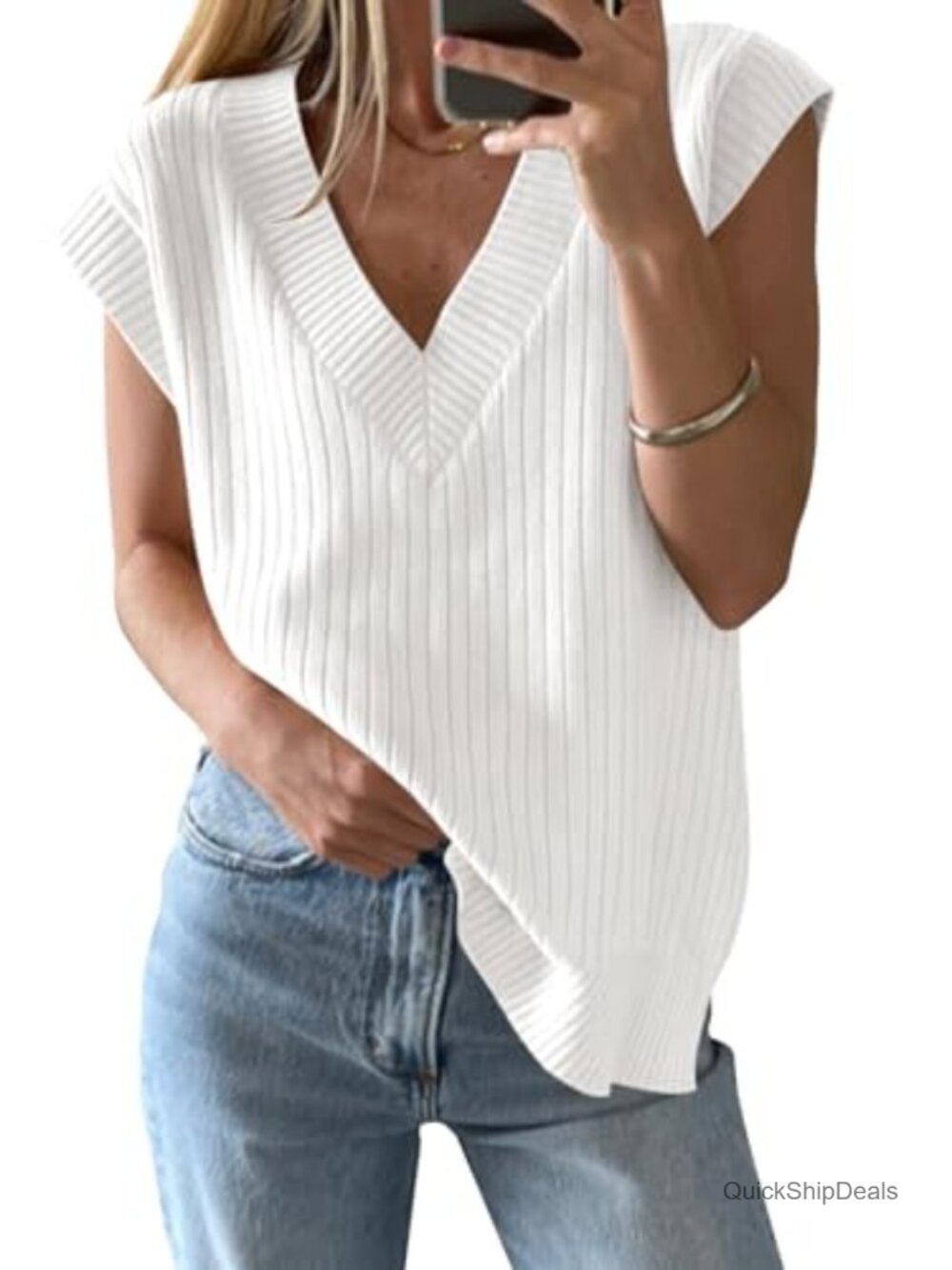 Womens Sleeveless V Neck Ribbed Knit Sweater Vest Oversized Loose Fit